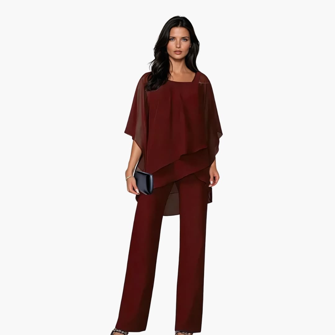 Women's Pants Set with Asymmetrical Top and Layered Design