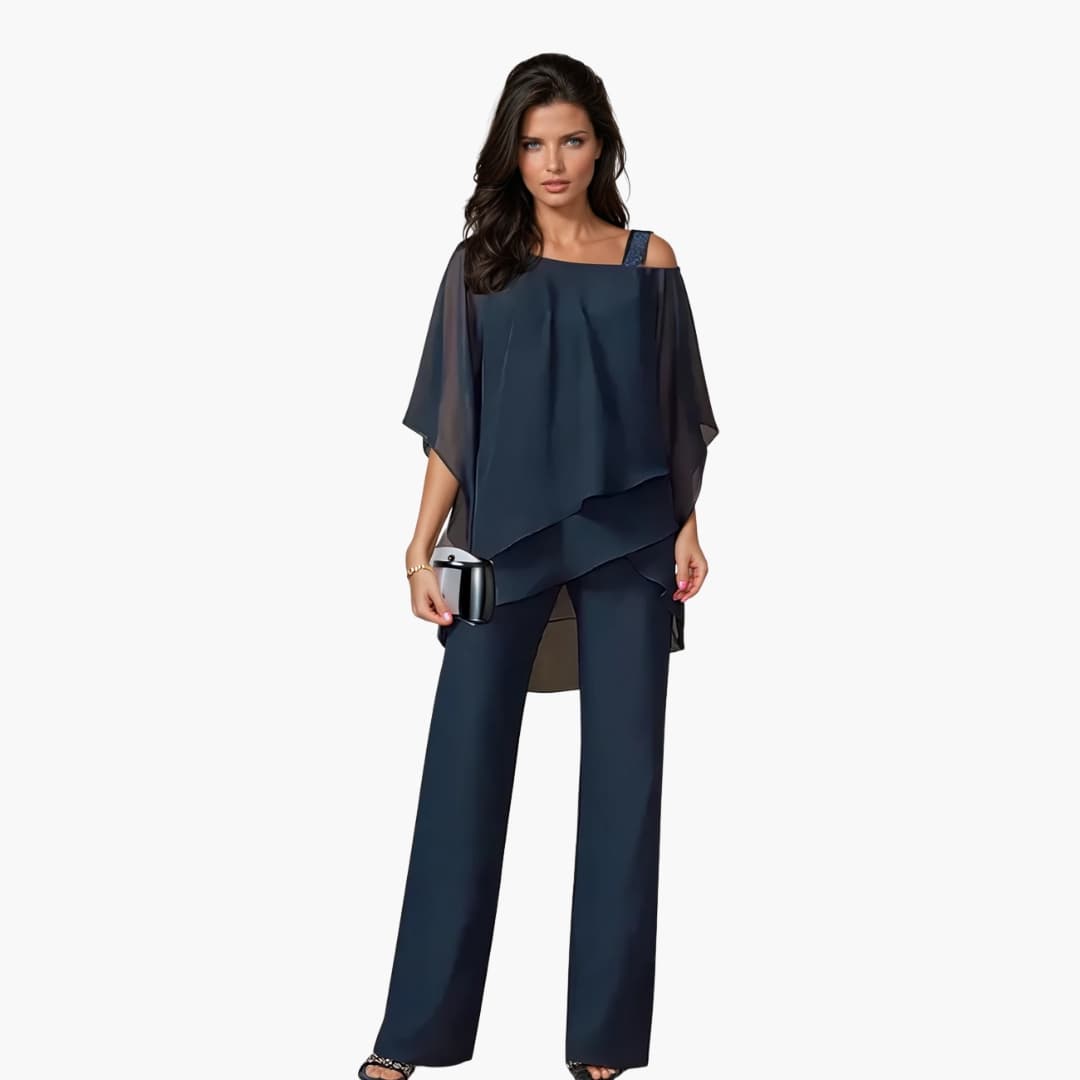 Women's Pants Set with Asymmetrical Top and Layered Design