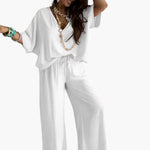 Women's Two Piece Pants Set with V Neck and Wide Leg