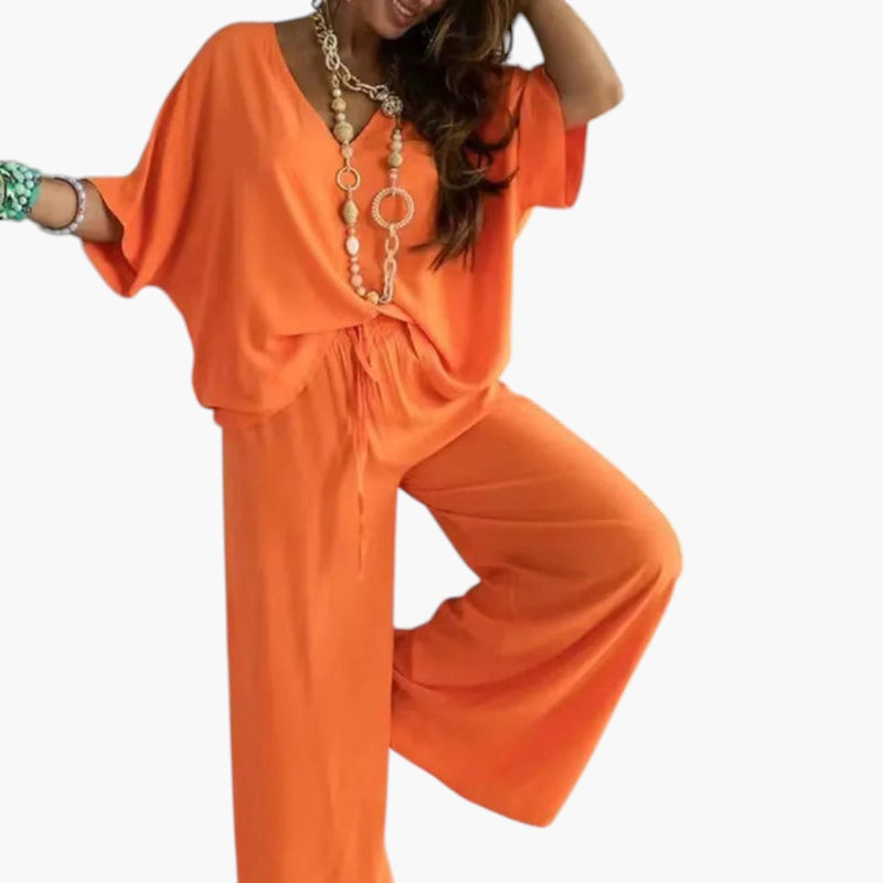 Women's Two Piece Pants Set with V Neck and Wide Leg
