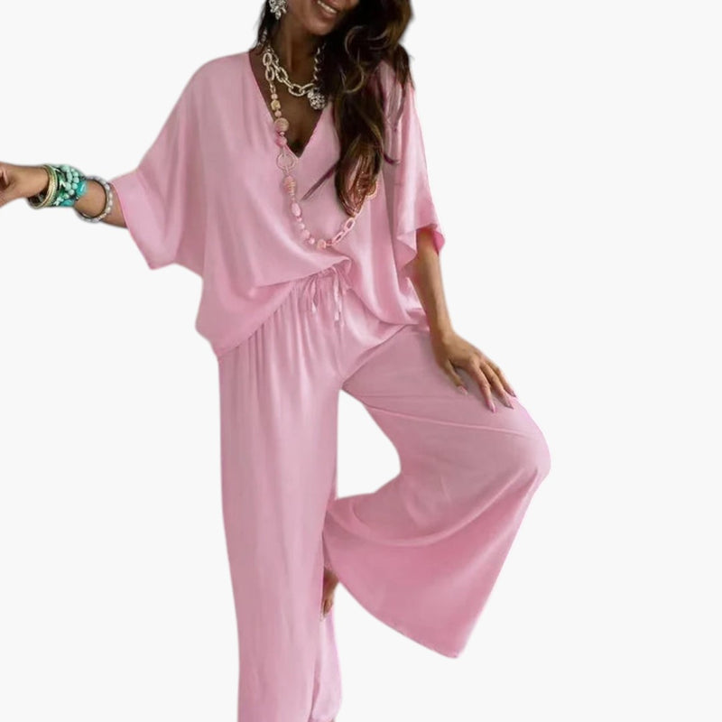 Women's Two Piece Pants Set with V Neck and Wide Leg