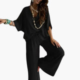 Women's Two Piece Pants Set with V Neck and Wide Leg