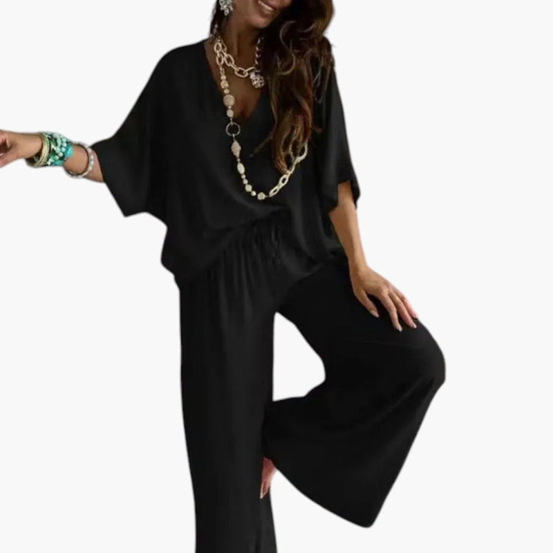 Bavane | Women's Two Piece Pants Set with V Neck and Wide Leg