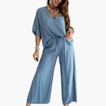 Women's Two Piece Pants Set with V Neck and Wide Leg