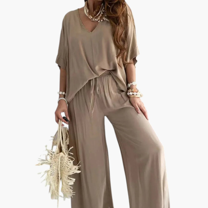 Women's Two Piece Pants Set with V Neck and Wide Leg