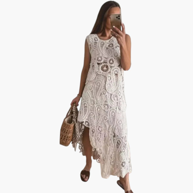 Women's Two Piece Set with Openwork Tank and Asymmetrical Skirt