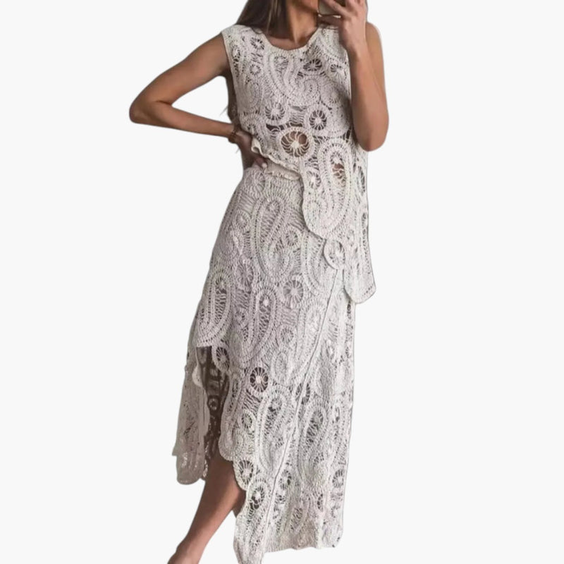 Women's Two Piece Set with Openwork Tank and Asymmetrical Skirt