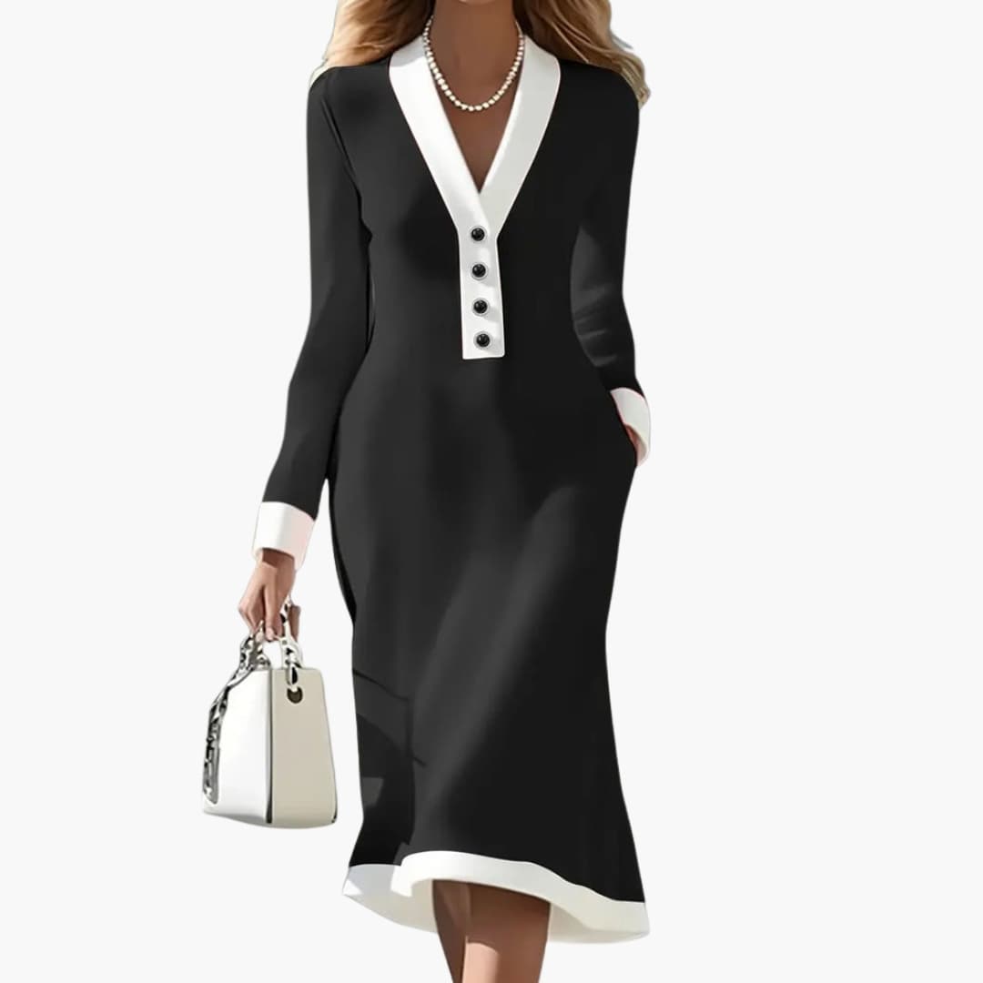 Bavane | Womens Midi Dress with V Neckline and Button Detail