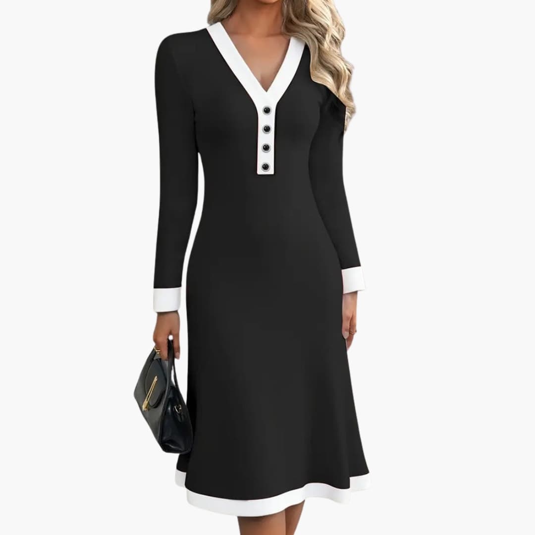 Womens Midi Dress with V Neckline and Button Detail