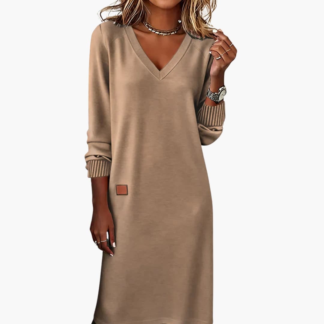 Womens Midi Dress with V-Neckline and Side Pockets