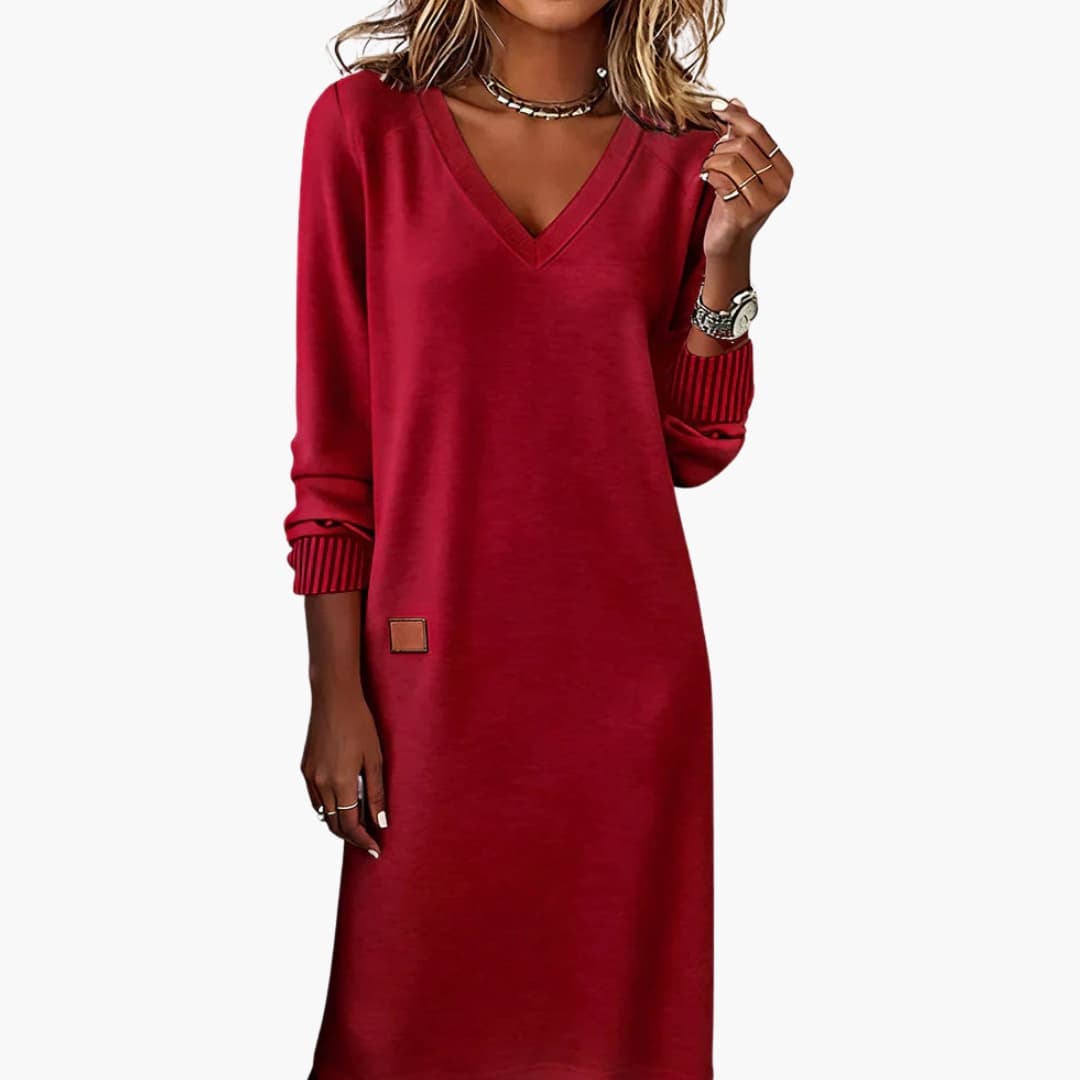 Womens Midi Dress with V-Neckline and Side Pockets