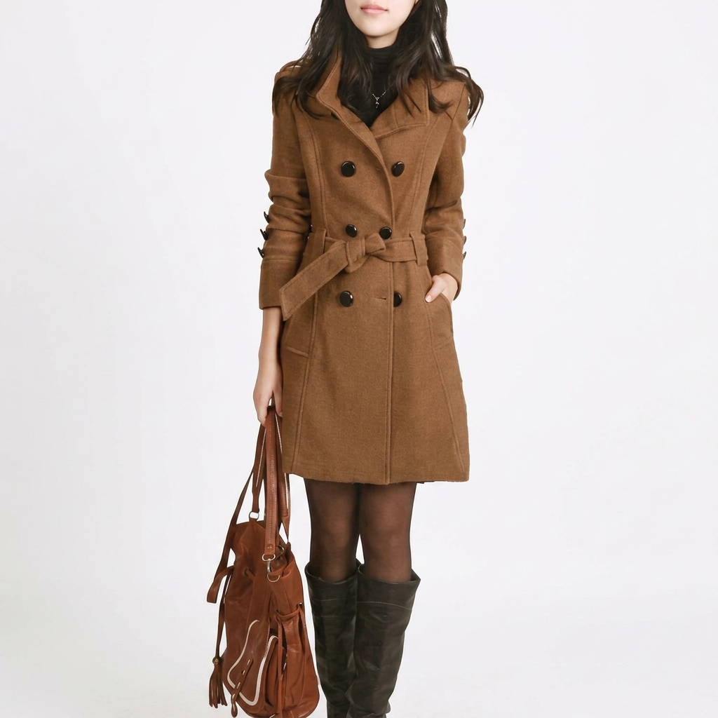 Women's Trench Coat with Belt and Double Buttons