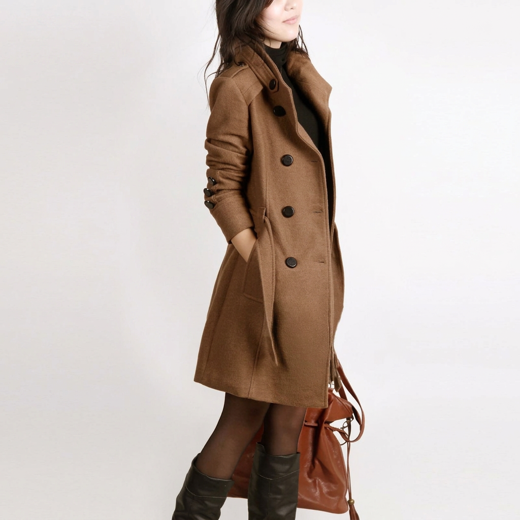 Women's Trench Coat with Belt and Double Buttons