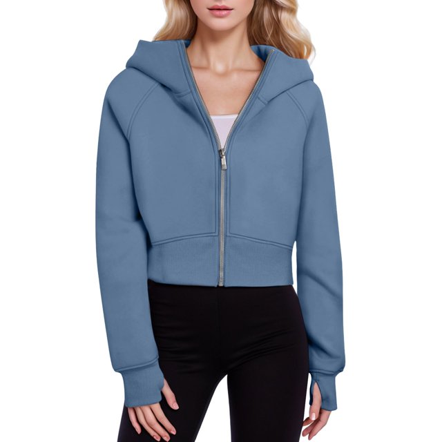 Women's Cropped Hoodie with Zipper and Elastic Hem