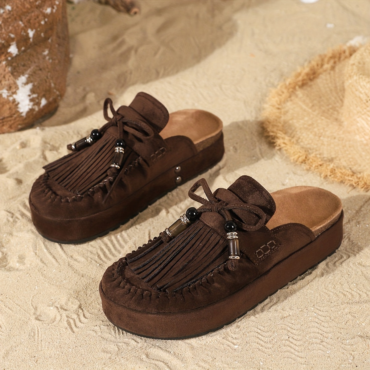 Women's Mule Shoes with Tassel Bow and Platform Sole