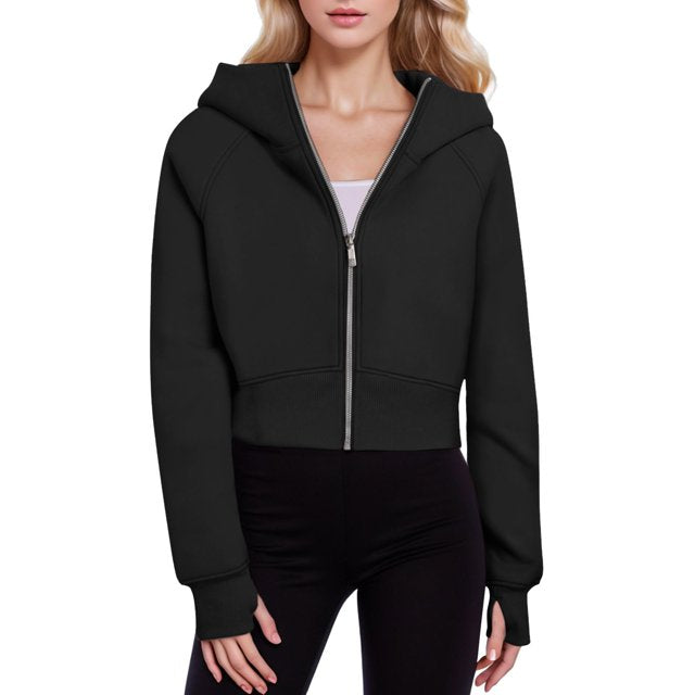 Women's Cropped Hoodie with Zipper and Elastic Hem