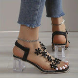 Paloma | Women's Block Heel Sandals with Rhinestone Flowers and Cushioned Insole