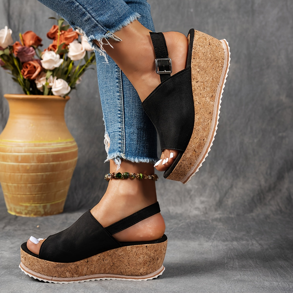 Women's Orthopedic Sandals with Platform Sole and Buckle Straps