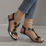 Women's Block Heel Sandals with Rhinestone Flowers and Cushioned Insole