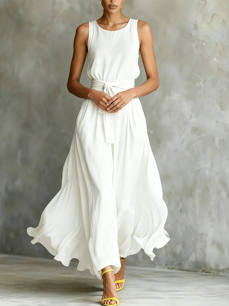 Women's White Maxi Dress | Sleeveless Belted A-Line