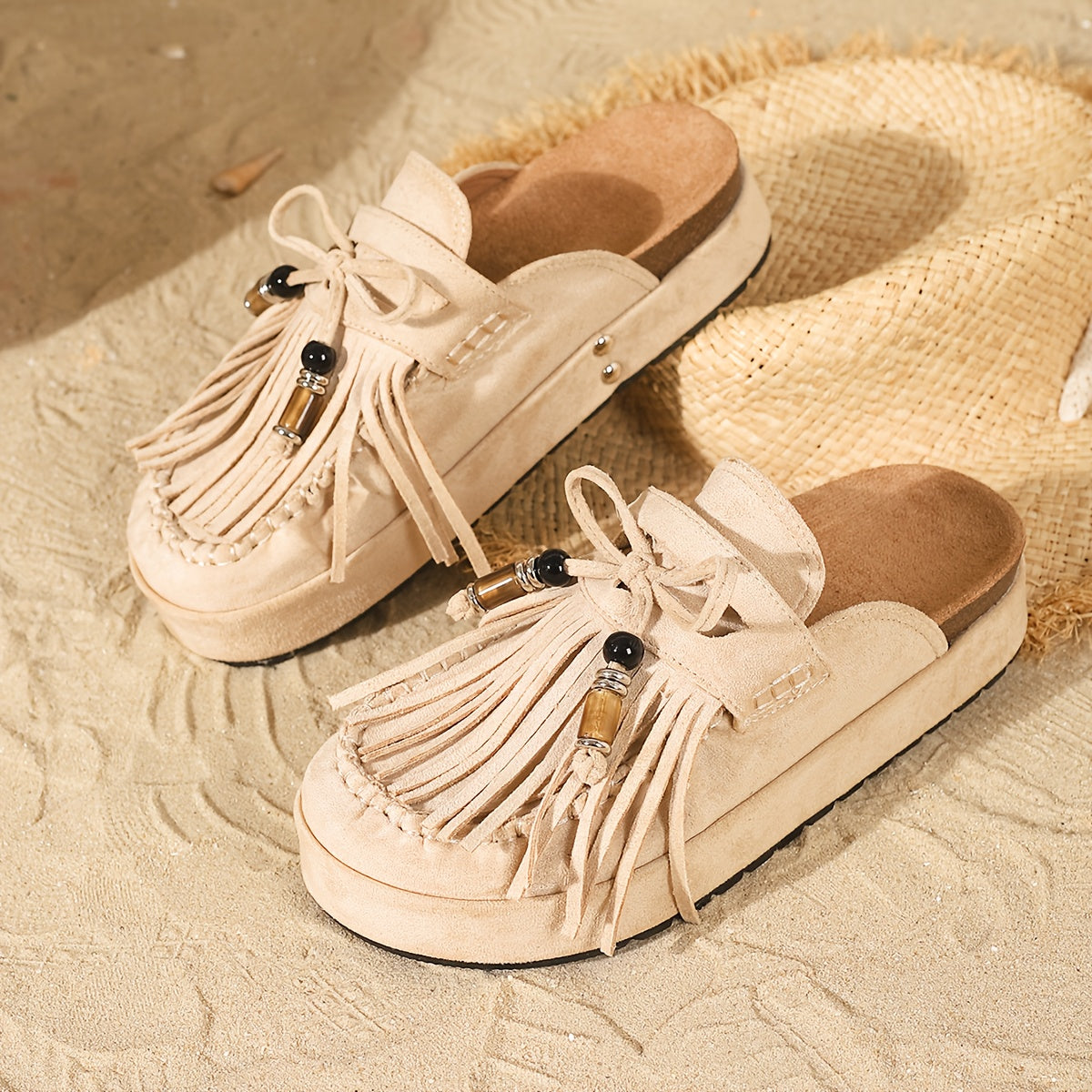 Women's Mule Shoes with Tassel Bow and Platform Sole