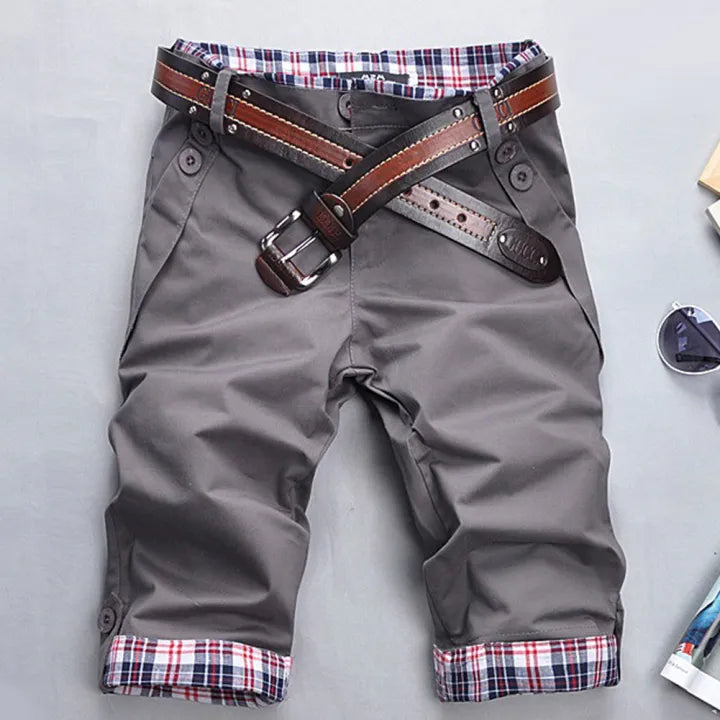 Men's Cotton Shorts with Belt and Check Cuffs Knee-Length