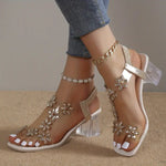 Women's Block Heel Sandals with Rhinestone Flowers and Cushioned Insole