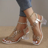 Women's Block Heel Sandals with Rhinestone Flowers and Cushioned Insole