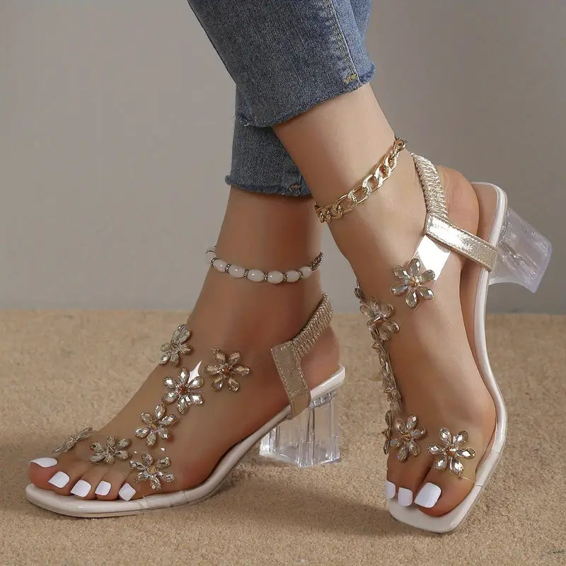 Women's Block Heel Sandals with Rhinestone Flowers and Cushioned Insole