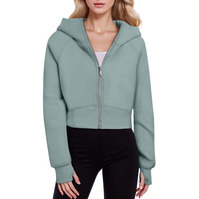 Women's Cropped Hoodie with Zipper and Elastic Hem