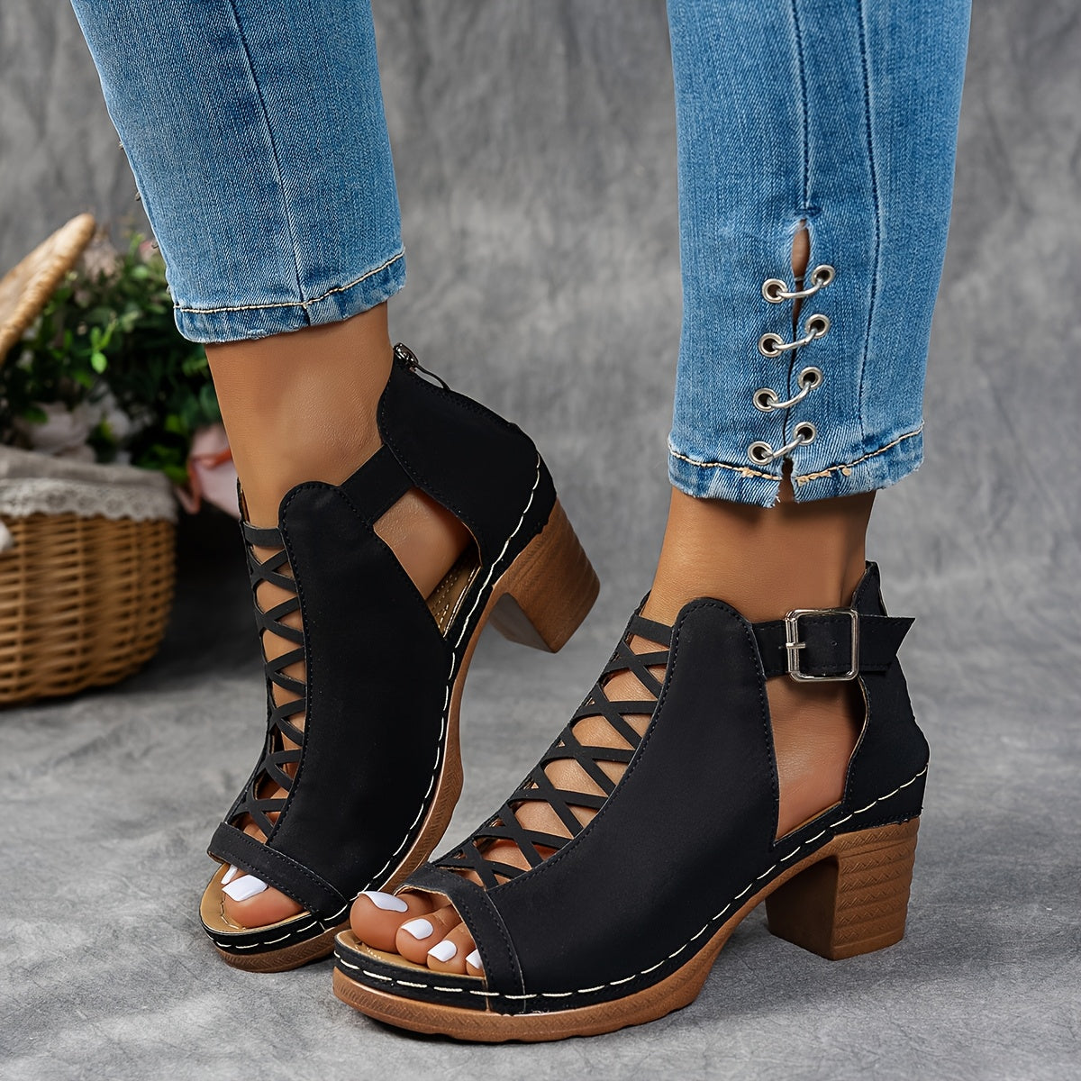Women's Sandals with Lattice Heel and Adjustable Straps