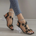 Women's Block Heel Sandals with Rhinestone Flowers and Cushioned Insole