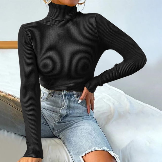 Women's Turtleneck Sweater with Ribbed Surface and Long Sleeves