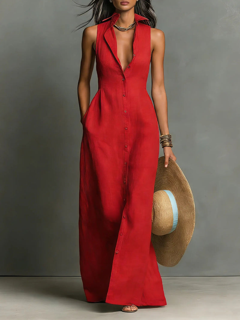Penelope | Women's Sleeveless Collared Linen Button-Front Maxi Dress